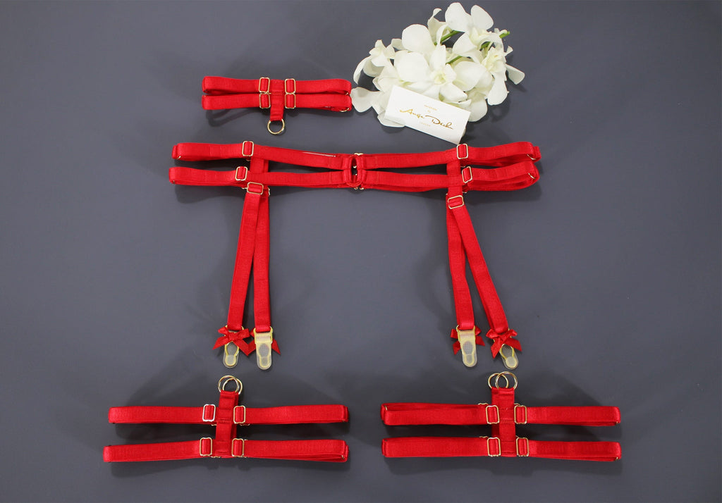 Body harness set in red with choker sexy lingerie bridal garter belt harness garter and suspender boudoir gift for her - Ange Déchu