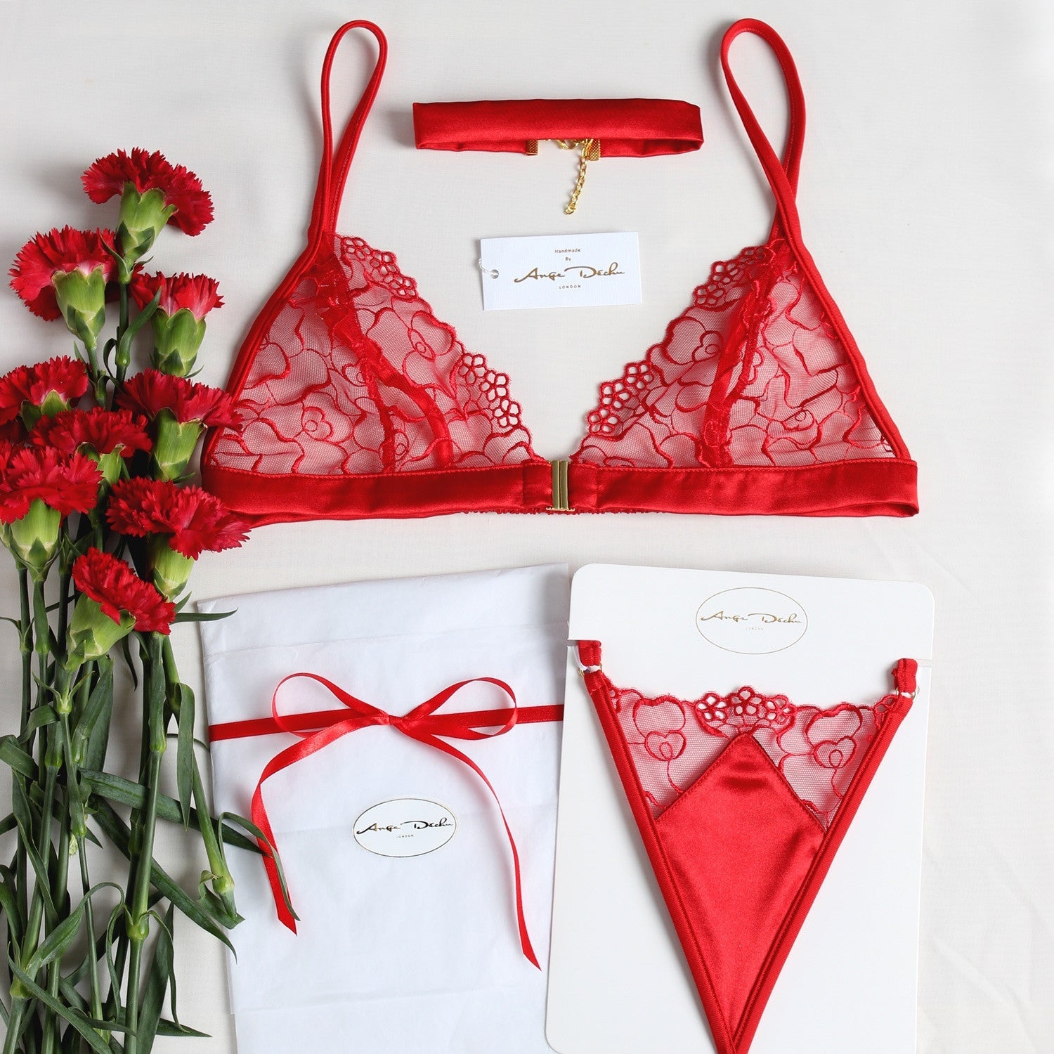 Sheer Lingerie Set See Through Erotic Lingerie Red Lace Bralette Bra and G  String Satin Choker Bridal Gift for Her by Ange Dechu 
